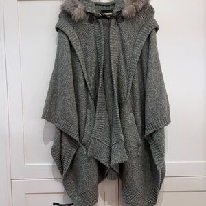 SOLD Holt Renfrew Gray Knitted Hooded Poncho with Fur Trim and arm holes